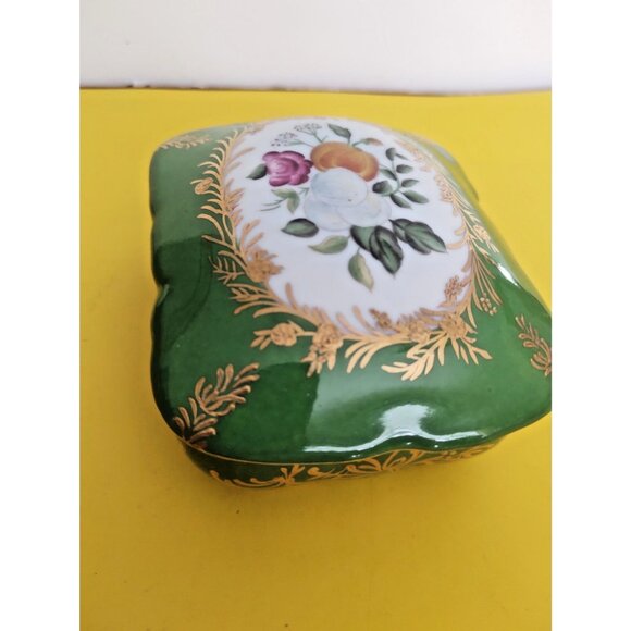 Vintage LIMOGES Lidded Porcelain Trinket Box 4.5" x 4" Green, Gold, Florals - Picture 13 of 13